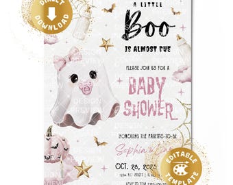 A Little Boo Baby Shower Invitation Digital Halloween Baby Party Spooky Spooktacular Baby Ghost Pink Girl Personalized Canva Template