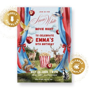 Snow white movie night birthday invitation, digital, cinema movie, fairy tale, popcorn, invitation, birthday, girl, personalized, template