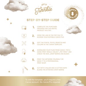 May include: A gold and white instructional guide titled Let It Twinkle, featuring six numbered steps for editing and printing a digital template. The design includes cloud illustrations, star icons, and a circular Direct Download badge.