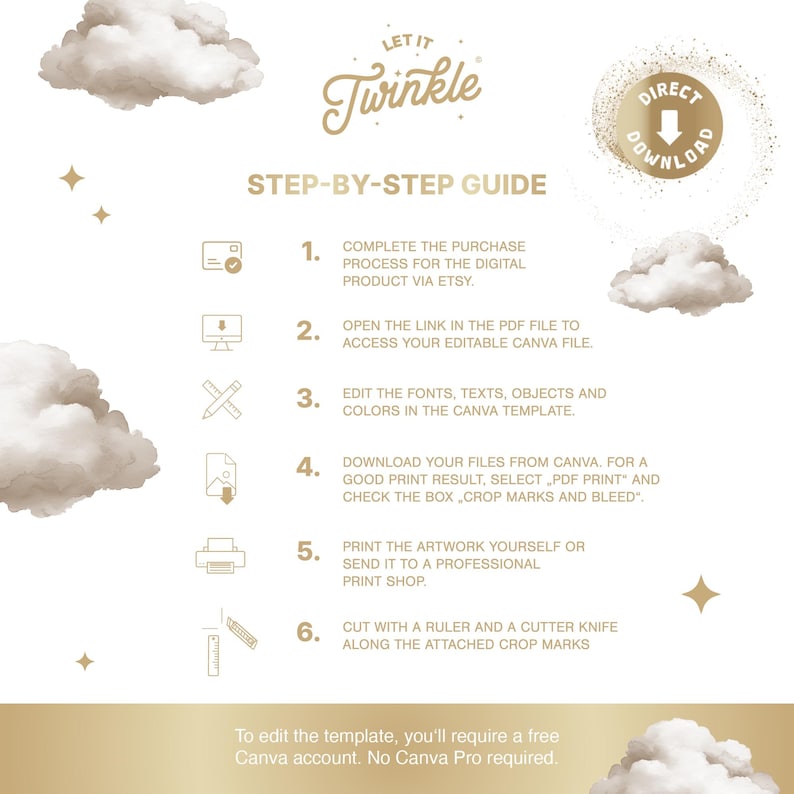 May include: A gold and white instructional guide titled Let It Twinkle, featuring six numbered steps for editing and printing a digital template. The design includes cloud illustrations, star icons, and a circular Direct Download badge.