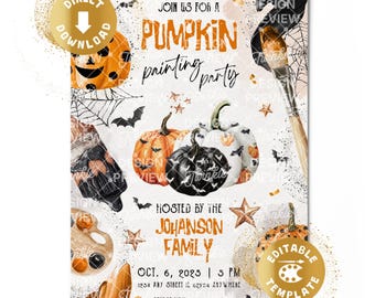 Pumpkin Painting Family Celebration Invitation Digital Pumpkin Party Paint Art Craft Birthday  Halloween Invite Personalized Canva Template