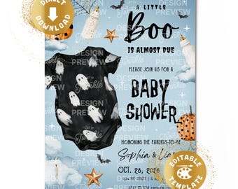 A Little Boo Baby Shower Invitation Digital Halloween Baby Party Spooky Spooktacular Baby Ghost Blue Boy Personalized Canva Template