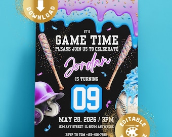 Baseball Ice Cream Birthday Invitation Digital Ice Cream Drip Baseball Drip Party Birthday Invite Personalized Canva Template