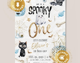 Spooky One 1st Birthday Invitation Digital Halloween Spooky First Birthday Invite Blue Cute Ghosts Gold Boys Personalized Canva Template