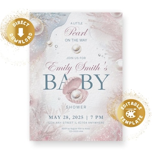 Invitación digital para baby shower con temática de perla, fiesta submarina para baby shower, una pequeña perla en camino, plantilla personalizada de Canva de género neutro