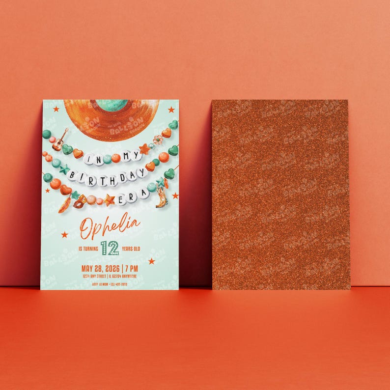 May include: A birthday invitation with a turquoise background and a decorative garland. The invitation reads "In My Birthday Era" and features the name "Ophelia" and the age "12". The date and time are also included.