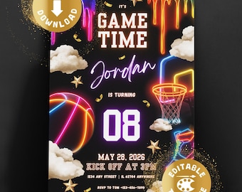 Neon Basketball Birthday Invitation Digital Basketball Drip Glow In The Dark Neon Lights Rainbow Birthday Invite Personalized Canva Template