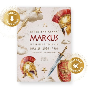 May include: A birthday party invitation with a Roman theme. The invitation features a gold and red helmet, sword, shield, and the text "ENTER THE ARENA!" and "MARKUS". The invitation also includes the date, time, and location of the party.