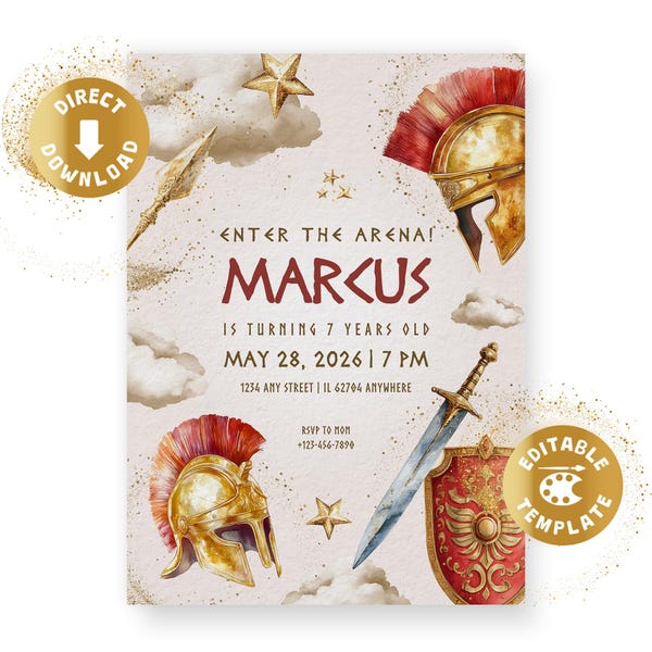 Gladiator Birthday Invitation Digital Romans Ancient Rome Greek Mythology Spartacus Birthday Invite Sword Boy Personalized Canva Template