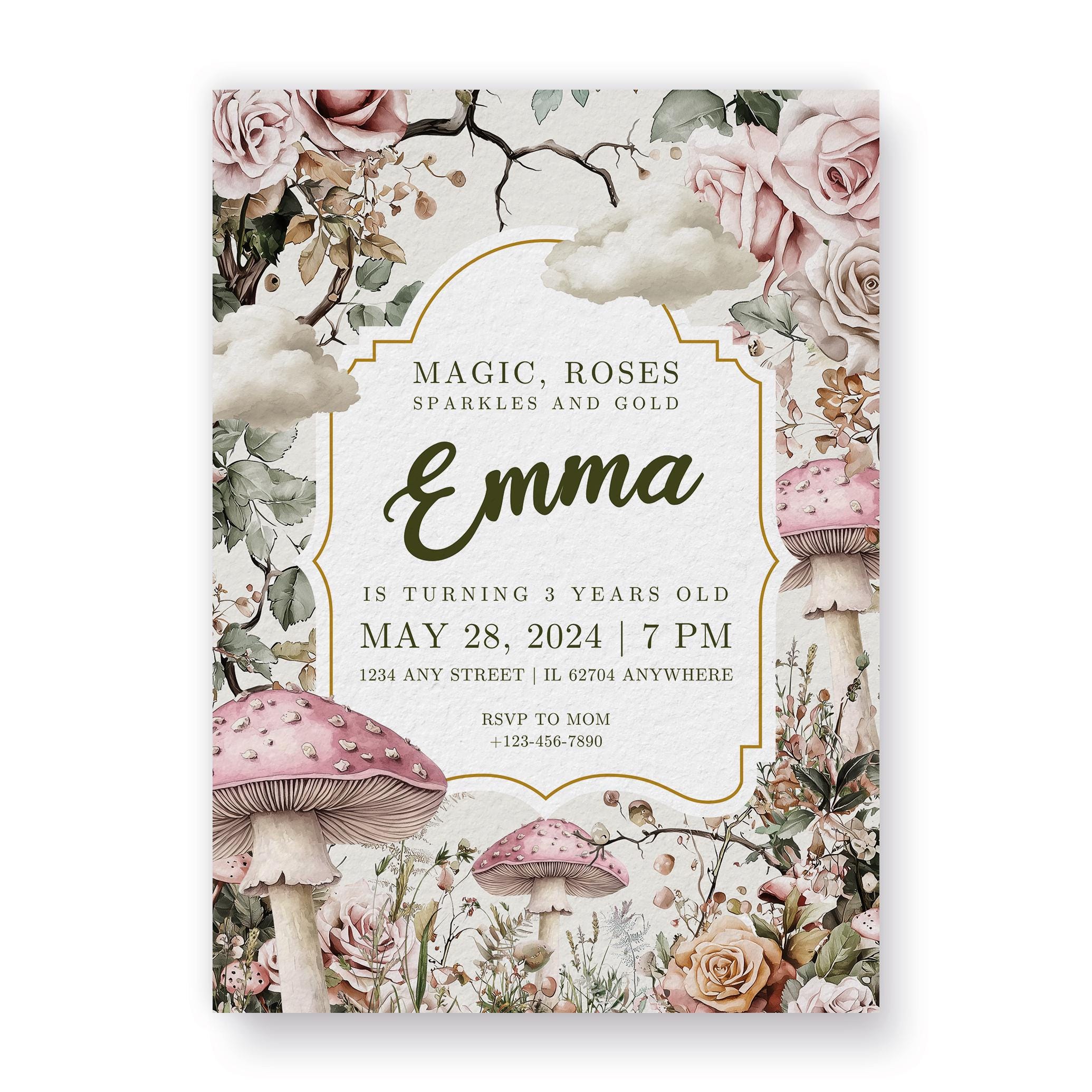 Enchanted forest flowers birthday Invitation, digital, mushrooms, roses, fairy tale, magic, Invite, Girl, personalized, canva template