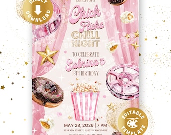 映画鑑賞会誕生日招待状、映画館、パステルカラー、ピンク、映画、ポップコーン、招待状、10歳の誕生日、女の子、パーソナライズ、デジタルダウンロード