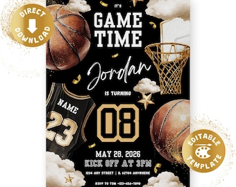 Basketball Birthday Invitation Digital Basketball Game Sports Party American Black Gold Birthday Invite Personalized Canva Template