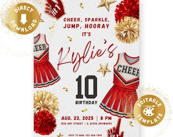 May include: Cheerleading-themed birthday invitation featuring a red and white cheerleader uniform, pom-poms, and star accents. The invitation includes the text "Cheer, Sparkle, Jump, Hooray" and "Kylie's 10th Birthday".