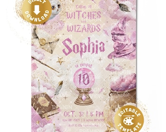 Wizard Birthday Invitation Pink Beige Digital Witches Sorcery Magic School Magical Birthday Invite Girls Gold Personalized Canva Template