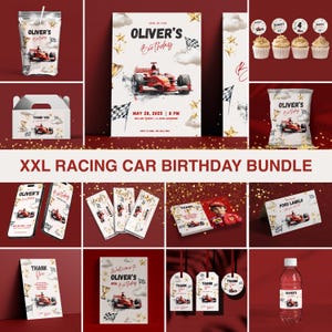 Racecar birthday bundle, F1, decoration kit, car, race, sports car, deco package digital invitation, birthday, personalized, canva template