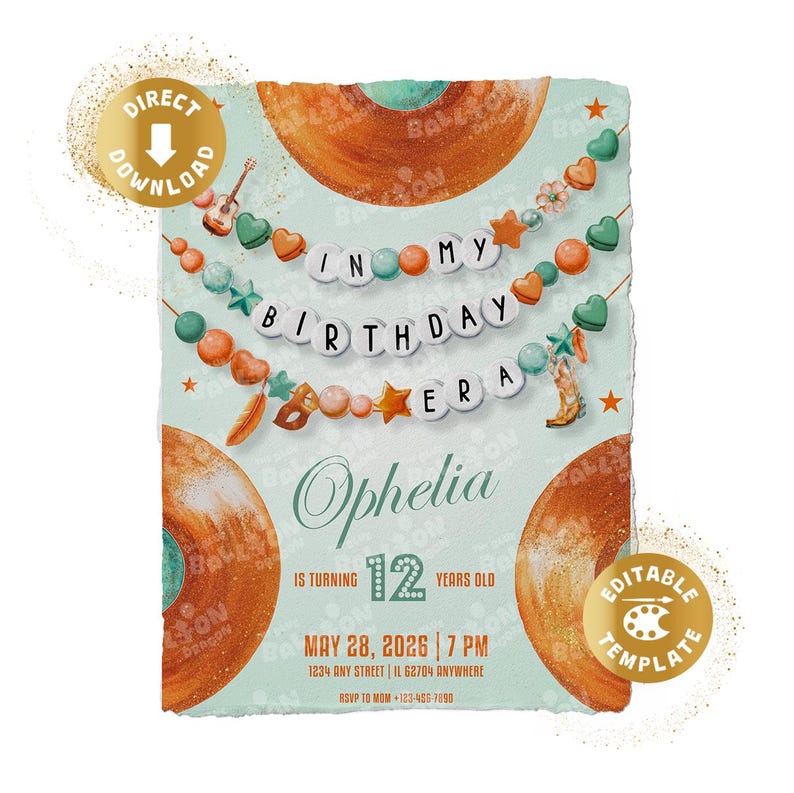 May include: A light teal birthday invitation with the text "In My Birthday Era" and "Ophelia" in a script font. The invitation includes the date, time, and location. Decorative elements include a guitar, hearts, stars, and a cowboy boot.