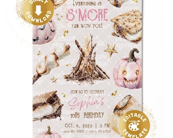Puede incluir: Una plantilla de invitación de cumpleaños con ilustraciones en acuarela de s'mores, una fogata y calabazas de color rosa claro. El texto dice: Everything is S'more fun with you! Join us to celebrate Sophia's 10th birthday, Oct. 6, 2023, 5 PM, 1234 Any Street IL 02704 Anywhere, RSVP to Mom.