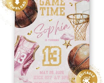Invitación de cumpleaños para chica de baloncesto, juego de baloncesto digital, deporte americano, invitación de cumpleaños rosa y dorado, plantilla personalizada de Canva