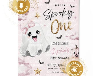 Spooky One Halloween 1st Birthday Invitation Digital Spooky First Birthday Invite Pink Cute Ghosts Gold Girl Personalized Canva Template