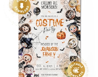 Halloween Costume Party Invitation Digital Spooky Dress Up Halloween Invite Mummy Hero Witch Spooktacular Personalized Canva Template