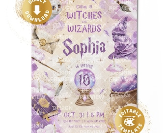 Wizard Birthday Invitation Purple Pink Digital Witches Sorcery Magic School Magical Birthday Invite Girls Gold Personalized Canva Template