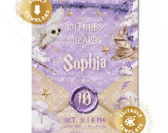 Wizard Birthday Invitation Purple Pink Digital Witches Sorcery Magic School Magical Birthday Invite Girls Gold Personalized Canva Template