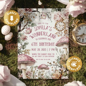 Invitación de cumpleaños de Alicia en el País de las Maravillas (digital, Onederland, fiesta del té, cuento de hadas de los hermanos Grimm), personalizada (plantilla Canva)