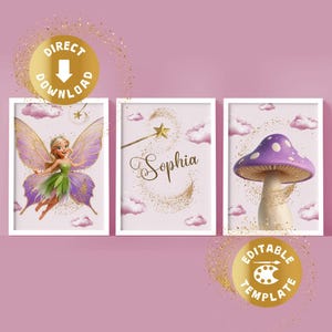 Feen Poster Digital 6er Set Fee Zauberwald Märchen Personalisiert Name Kinderzimmer Dekor Schlafzimmer Wandkunst Canva Link
