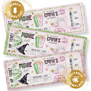 Könnte beinhalten: Rosa Kinokarten mit Popcorn, einem Hexenhut und dem Text "Movie Night" und "To Celebrate Emma's 10th Birthday". Die Tickets haben einen glitzernden grünen Rand und enthalten Datum und Uhrzeit.