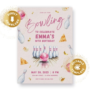 Uitnodiging voor bowlingverjaardag, digitaal sjabloon, bowlingavond, roze, uitnodiging voor evenement, bowlen, verjaardag, meisje, gepersonaliseerd, downloaden