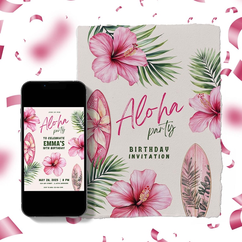 Hawaii Birthday Invitation, Digital Template, Aloha, Aloha Party, Luau, Tropical, Birthday Invitation, Girl, Hawaii Birthday, Birthday Party with Flowers, Hawaii Party at Home, Birthday Invitation Hawaii Evening, Tropical Theme Birthday, Tropical Party, Aloha Birthday, Hawaii Ideas, Birthday Party at Home, Perfect Birthday Party, Unforgettable Hawaii Party, Hawaii Feeling at Home, Fun and Entertainment, Laugh and Relax Together, Surfing Theme, Tropical Theme, Hawaii Theme Birthday