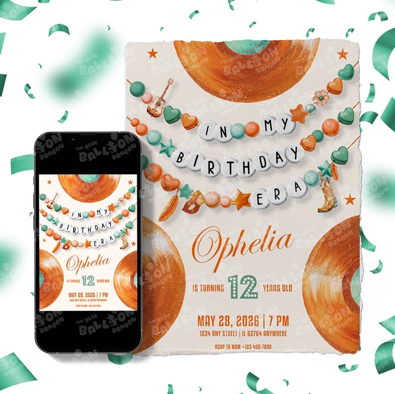 May include: A birthday invitation with a vintage vinyl record design. The invitation features the text "In My Birthday Era" and "Ophelia is turning 12 years old." The date and time are also included. The design incorporates a garland of decorative elements.