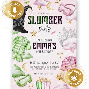 Witch Slumber Birthday Invitation Digital Witches Wizard Pajama Movie Musical SleepoverInvite Pajamas Pink Green Personalized Canva Template