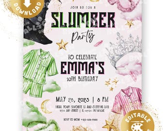 Convite de aniversário digital para festa do pijama com tema de bruxa, inspirado em filmes musicais, com pijamas rosa e verde personalizados para Canva.
