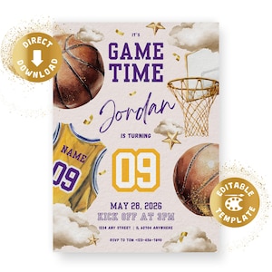 May include: Basketball-themed birthday invitation with a basketball, jersey, and hoop illustrations. The invitation features the text "It's Game Time" and "Jordan is turning 09". Includes date, time, and RSVP information.