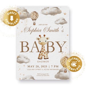 Babyparty Einladung Giraffe, Digital, Baby Shower Party, Ballon, Wolken, Geschlechtsneutral Beige Boho, Elegant Personalisiert Canva Vorlage