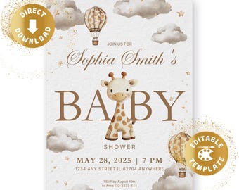 Baby shower invitation giraffe, digital, baby party, giraffes, gender neutral, balloon, cloud, beige boho invite personalized canva template