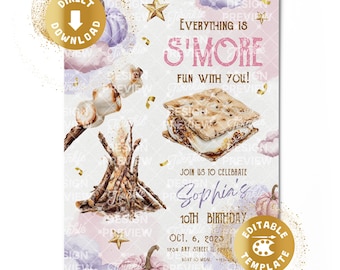 S'mores Birthday Invitation Digital Campfire Smore Fun Invite Backyard Marshmallow Camping Autumn Camp Woodland Personalized Canva Template