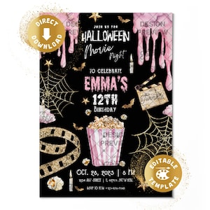 ハロウィン映画鑑賞会誕生日招待状 デジタルシネマホラー映画 怖いピンクスライムゴースト誕生日招待状 パーソナライズされたCanvaテンプレート
