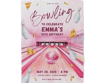 Bowling Birthday Invitation, Digital Template, Bowlingevening, Pink, Event Invitation, Bowlingbirthday, Girl, Personalized, Download