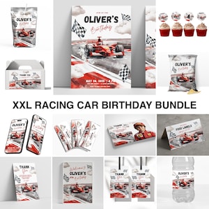 Pacote de aniversário de carro de corrida, F1, kit de decoração, digital, carro, corrida, pacote de decoração de carro esportivo, convite, personalizado, modelos Canva