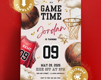 May include: A basketball-themed birthday invitation card featuring the text "IT'S GAME TIME", "Jordan", "IS TURNING", "09", "MAY 28, 2026", "KICK OFF AT 3PM", "1234 ANY STREET | IL 62704 ANYWHERE", and "RSVP TO TOM +123-456-7890" with basketballs, a hoop, and jersey.