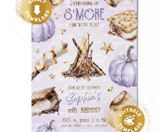 S'mores Birthday Invitation Digital Campfire Smore Fun Invite Backyard Marshmallow Camping Autumn Camp Woodland Personalized Canva Template
