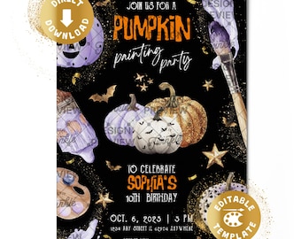 Pumpkin Painting Birthday Invitation Digital Pumpkin Paint Art Craft Party Pumpkin Boys Girls Halloween Invite Personalized Canva Template