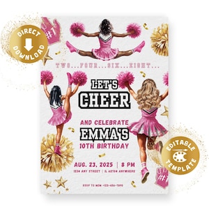 Cheerleader Geburtstag Einladung Digital Cheer Geburtstagsparty Pink Gold Tailgate Game Tween Teen Tanzparty Personalisiert Canva Vorlage