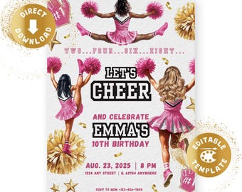 Cheerleader birthday invitation digital let&#39;s cheer birthday invite party pink gold tailgate tween teen dance personalized canva template