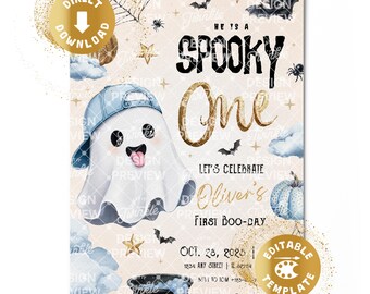 Spooky One 1st Birthday Invitation Digital Halloween Spooky First Birthday Invite Blue Cute Ghosts Gold Boys Personalized Canva Template