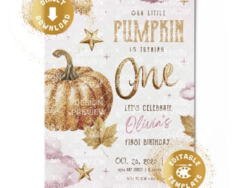 Little Pumpkin 1st Birthday Invitation Digital Pumpkin First Birthday Invite Pink Cute Gold Girl Personalized Canva Template