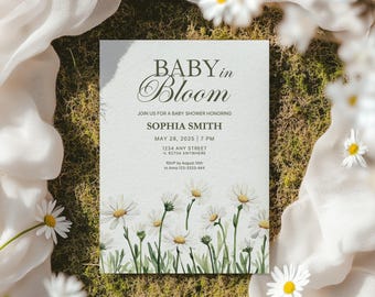 Baby in Bloom Daisy Invitation, Digital, Floral Baby Shower Party, Wildflowers, Boho, Spring, Elegant, invite, Personalized, Canva Template