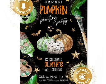 Pumpkin Painting Birthday Invitation Digital Pumpkin Paint Art Craft Party Pumpkin Boys Girls Halloween Invite Personalized Canva Template